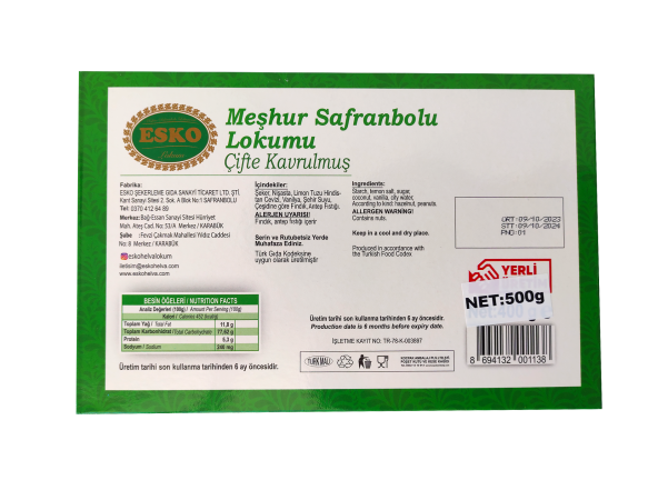 Esko Safranbolu Çifte Kavrulmuş Lokum 500 gr Esko Safranbolu Çifte Kavrulmuş Lokum 500 gr